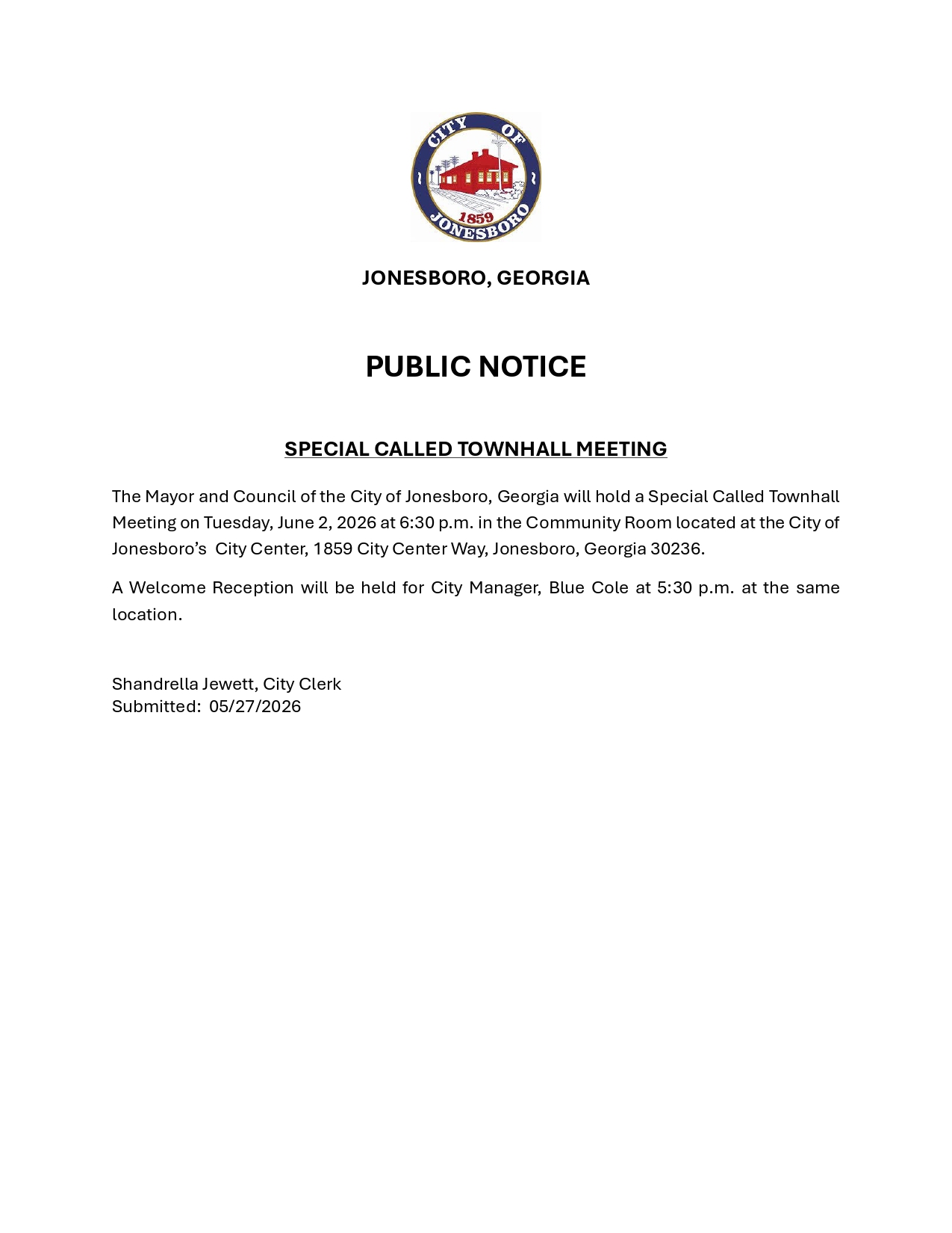 PUBLIC NOTICE - SPECIAL CALLED TOWNHALL MEETING
